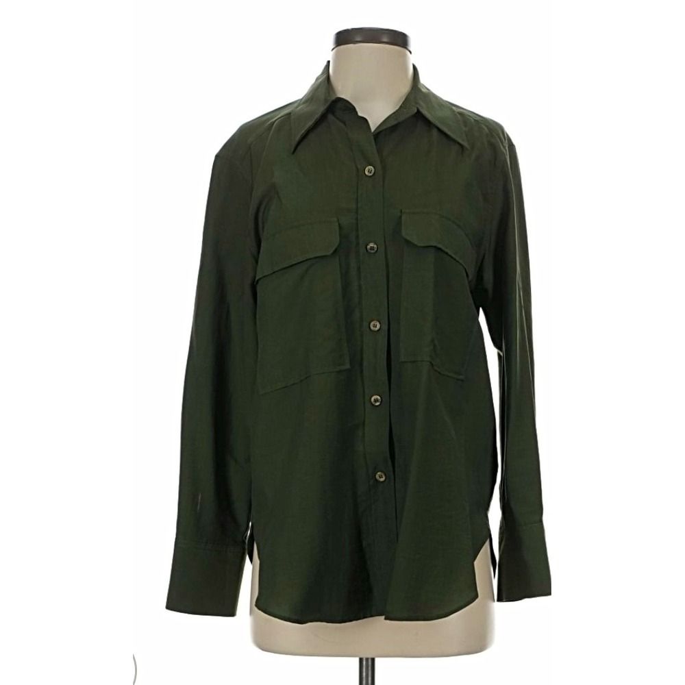 ZARA Women's Green Solid Long Sleeve Button-Up Shirt Point Collar Size M
